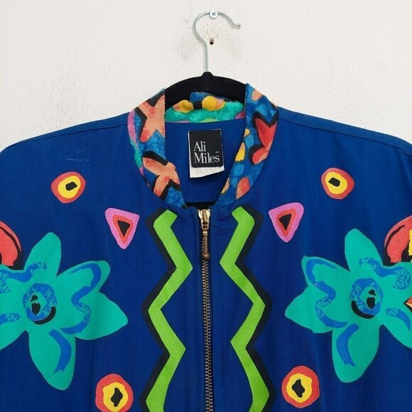Ali Miles Vintage Teal Floral Painted Zip Jacket Artsy Retro USA Colorful Size 8 - Picture 3 of 10